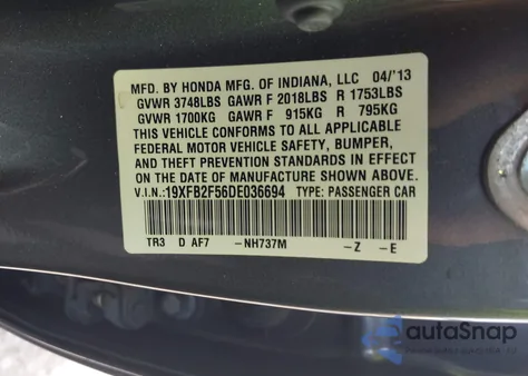 2013 Honda Civic Lx из США, поврежденный, VIN 19XFB2F56DE036694